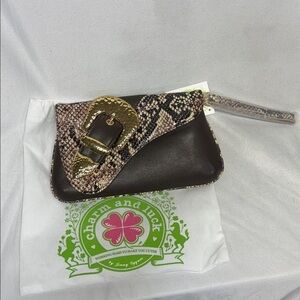 Charm and Luck Snakeskin and Brown and gold belt Clutch purse and dust bag